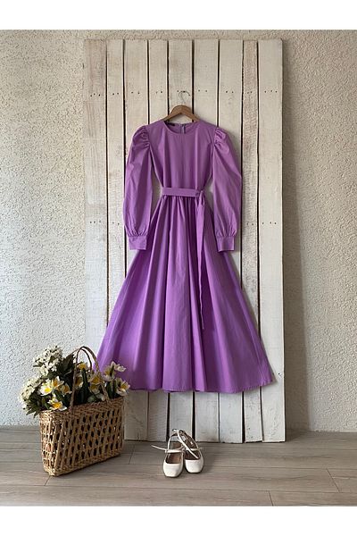 KÜÇÜĞÜM BUTİK Μακρύ λιλά ποπλίνα φόρεμα