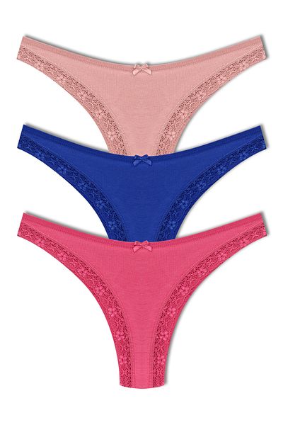 HNX 3-Piece Cotton Front Leg Lace Detailed Brazilian Women's Panties