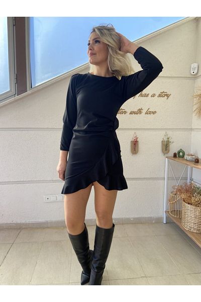 JANES Rochie de damă, cu mânecă lungă, decolteu, cu volan în față, din crep importat