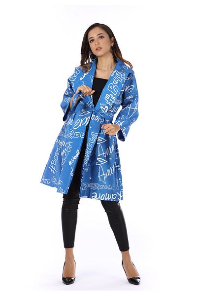 Favori Textile Women's Digital Letter Printed Trench Coat Suitable for All Body Types