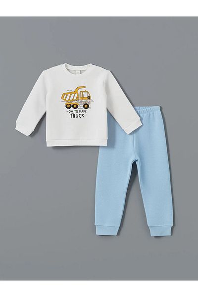 LC Waikiki Lcw Baby Buxe White Printed Baby Boy Sweatshirt and Sweatpants Set of 2