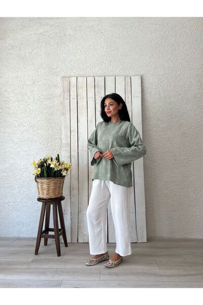 KÜÇÜĞÜM BUTİK Χαλαρή μουσελίνα μπλούζα - Πράσινη κεντημένη