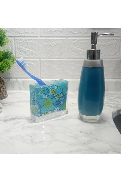 Sia موزع صابون سائل، فرشاة أسنان، طقم حمام مكون من قطعتين، رمادي أزرق وزهور