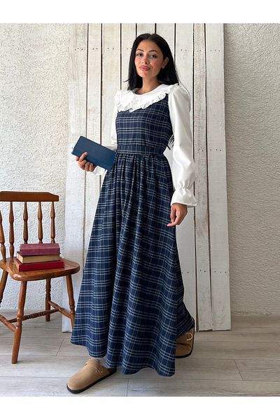 KÜÇÜĞÜM BUTİK Long Navy Plaid Flared Gilet Collar White Blouse Set (Gilet-Bluz)