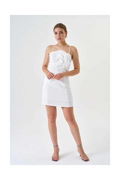 Favori Tekstil Satin Cotton Mini Strap Rose Detailed Evening Dress
