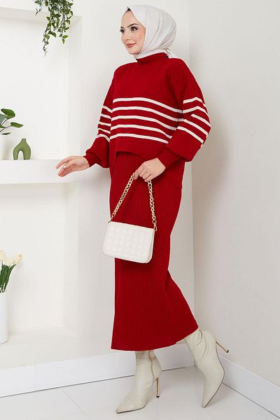 hafsamina Red Striped Gilet Knitwear Sweater and Top Set - Hm2596
