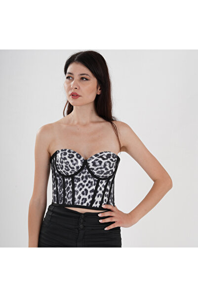 Metay Design Beyaz Leopar Korse Büstiyer Pul Payetli Model