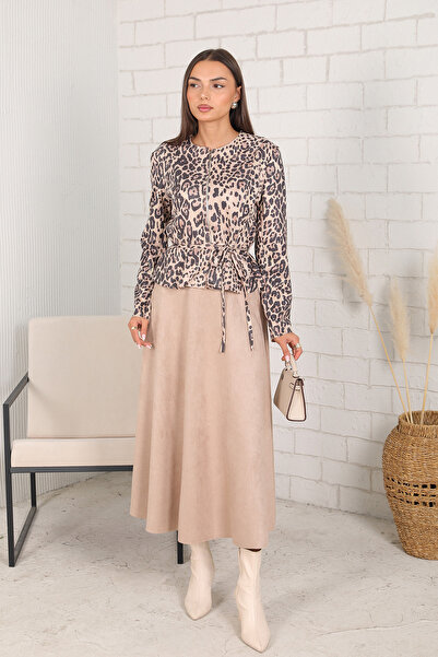 Melike Tatar Beige Leopard Suede Skirt Suit 6-697
