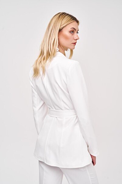 Tuba Butik Belted Blazer Jacket Pants White Women's Set