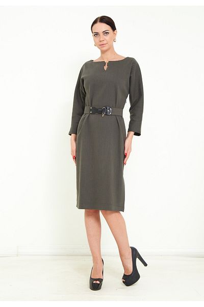 Favori Textile Midi Length Three-Quarter Sleeve Belted Accessory Detail on the Collar Stylish Winter Dress