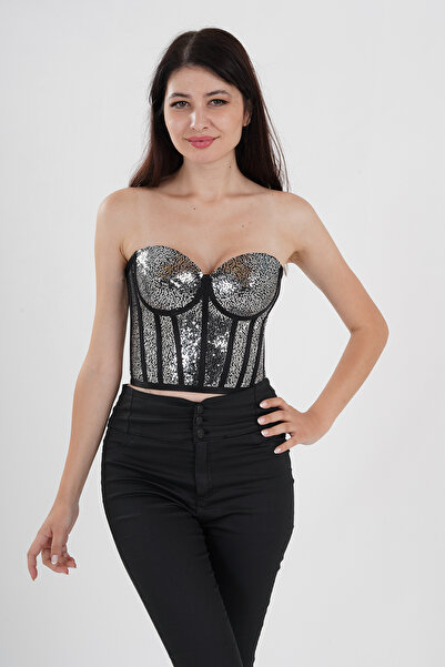 Metay Design Antrasit Pullu Payetli Korse Büstiyer Model