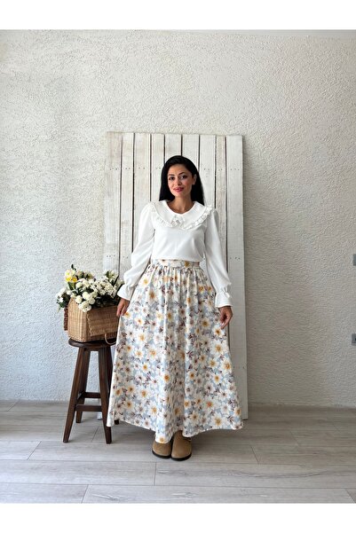 KÜÇÜĞÜM BUTİK Mavi Açelya Çiçeği Kloş Poplin Etek