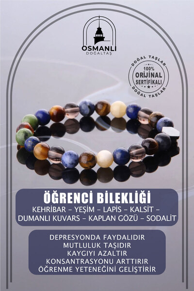 OSMANLI DOĞAL TAŞ Öğrenci Bilekliği - Kehribar - Yeşim - Lapis - Kalsit - Dumanlı Kuvars - Kaplan Gözü - Sodalit -8 Mm