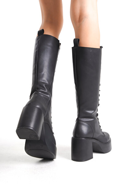 Limeo Μαύρες γυναικείες μπότες με χοντρό ψηλό τακούνι με φερμουάρ κάτω από το γόνατο, απλές με κορδόνια