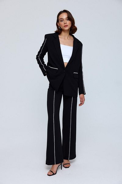 Tuba Butik Black Women's Set - Jacket and Trousers with Piping Detail