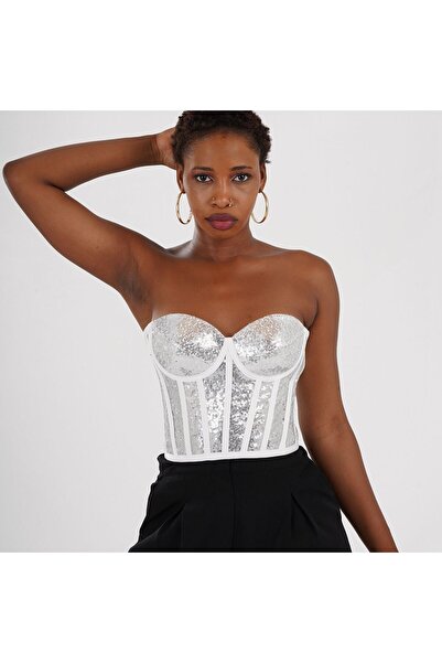 Metay Design Beyaz Korse Büstiyer Pul Payetli Model