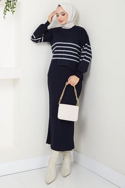 hafsamina Navy Blue Striped Knitwear Sweater and Gilet Set - Hm2596