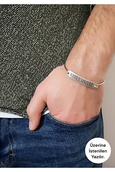 GareBiss Gümüş İsim-Tarih-Koordinat- Roma Rakamı-Harf  Yazılı Erkek Kelepçe B...