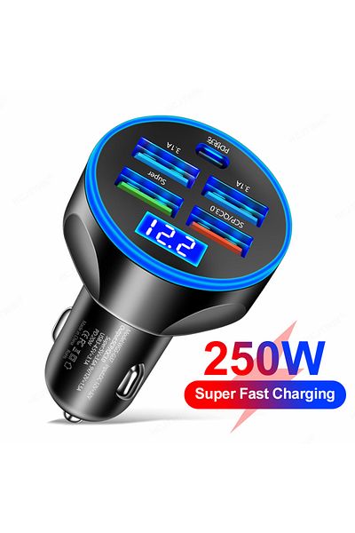 Choice شاحن سيارة أسود 250 واط بخمسة منافذ شحن سريع PD QC3.0 USB C محول شاحن هاتف تلقائي في السيارة