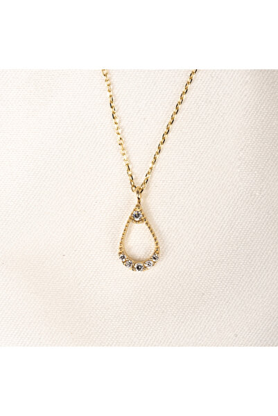 FasekGold Altın Kolye - İçi Boş 0.30 CT Pırlanta(Signty)Taşlı Damla Figürlü T...