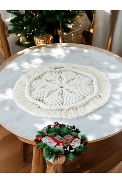 My Royal Macromes 2'li Set Makrome Kar Tanesi Bardak & Mum Altlığı, Dekoratif Çay-fincan-kupa Altlığı, Nihale (23cm)