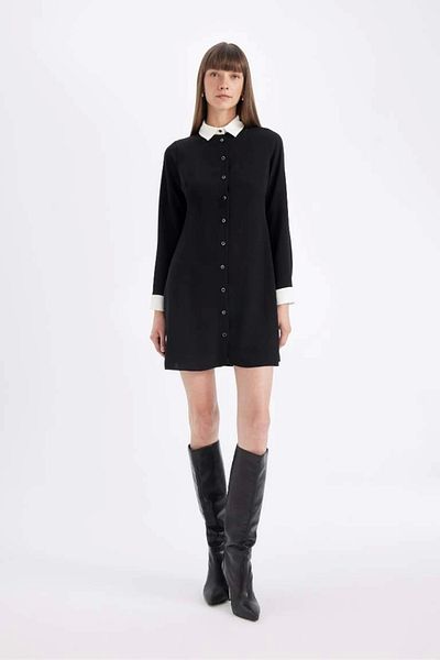 DeFacto D2874 Rochie mini creponată cu mânecă lungă