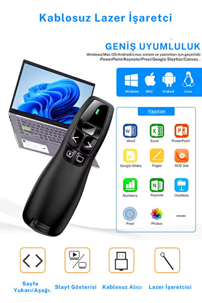 Genel Markalar K400 2.4GHz USB Kablosuz Sunum Kumandası – Lazer Pointer, Powe...