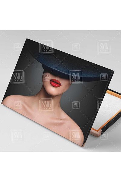 SML TABLO Model Charismatic cu pălărie Fedora neagră și ruj roșu Pictură pe pânză orizontală