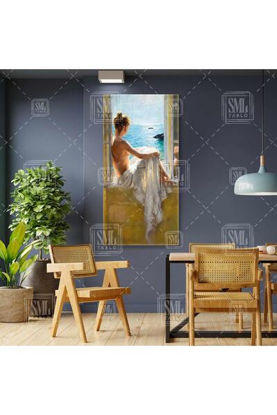 SML TABLO Pencerede Oturan Beyaz Elbiseli Model Deniz Manzarası Boyuna Dikey ...