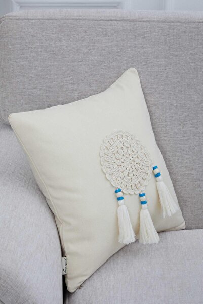 Aisha's Design Hand Knitted Detailed Tasseled Throw Pillow Cover, K-275, Cream