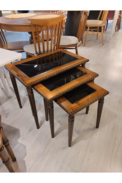 masif 3 LÜ ZİGON SEHPA DOĞAL MASİF CAMLI