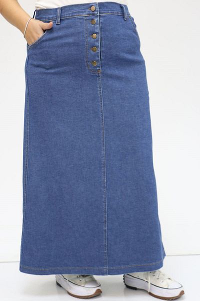 Eslina 45002-1 Μπροστινή τζιν φούστα με κουμπιά Plus Size - Σκούρο Μπλε