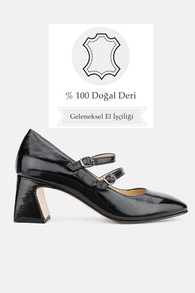 TUNAELLİ PANTOFI CU TOC CU BANDĂ DUBLĂ, PIELE NEGRĂ, PIELE VERITĂ, NUMĂRUL 35-41