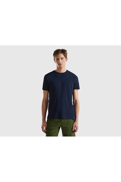 United Colors of Benetton Ανδρικό μπλουζάκι με λινό Indigo Blended Crew Neck Basic