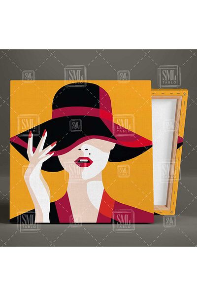 SML TABLO Model de ilustrație de modă cu ruj roșu și pălărie Pictură pe pânză pătrată