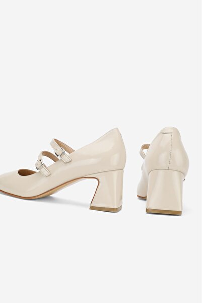 TUNAELLİ Women's Beige Patent Leather Genuine Leather Number 35-41 Double Strap Heel Shoes