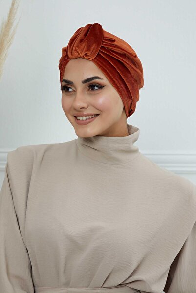 Aisha's Design Velvet Bonnet with Front Belt Detail, B-68K, Tile