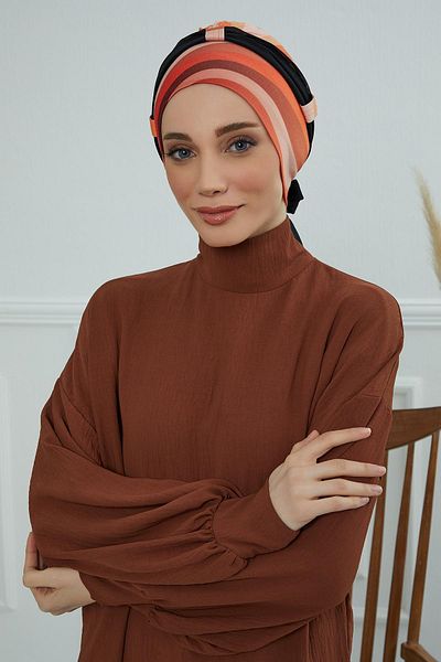 Aisha's Design Patterned Chiffon Belted Combed Cotton Bonnet - B-24Yd