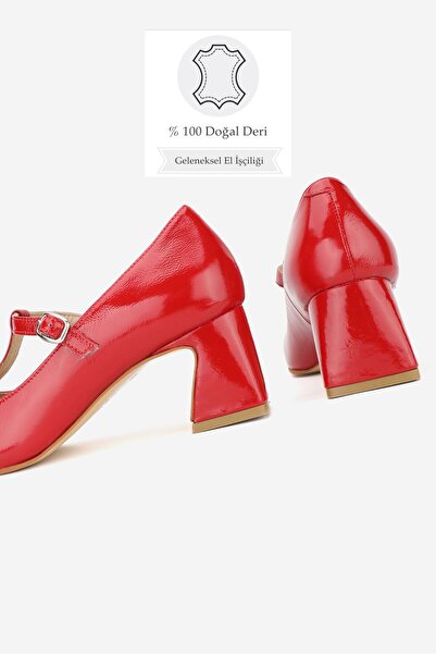 TUNAELLİ KADIN KIRMIZI RUGAN HAKİKİ DERİ 35-41 NUMARA BANTLI ORTA TOPUKLU KLASİK AYAKKABI