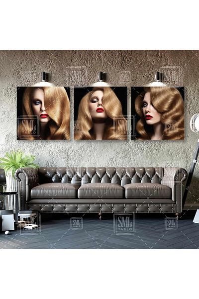 SML TABLO Model cu păr vag, ruj roșu, ochi albaștri, model de decorare pentru salon de frumusețe, combinație triplă, set de 3 picturi pe pânză