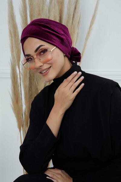 Aisha's Design Velvet Bonnet with Belt, B-31K, Purple