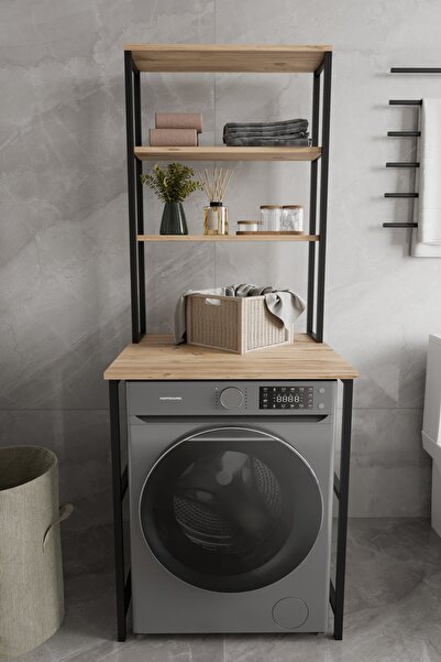 Remaks Iboda  Çamaşır Makinası Dolabı Çamaşır Makinası Üstü 3 Raflı Düzenleyici Metal Banyo Dolabı Meşe