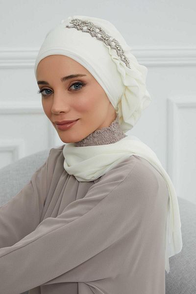 Aisha's Design عمامة شيفون جاهزة - كشكشة جانبية وإكسسوارات حجرية، HT-100، HT-100