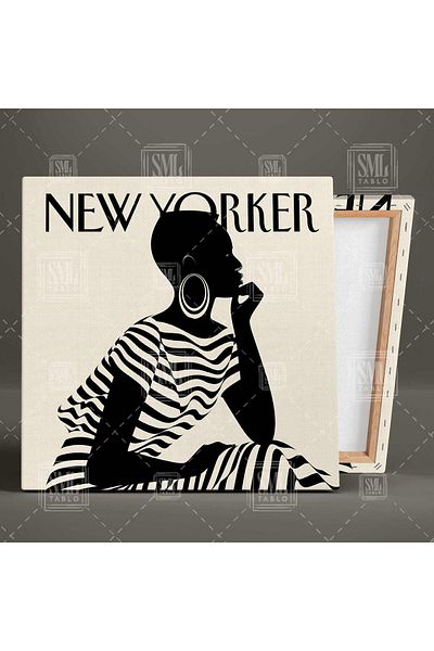 SML TABLO Κάλυμμα περιοδικού New Yorker με δαχτυλίδι σκουλαρίκια Γυναικεία με ριγέ φόρεμα Κάθετη εκτύπωση σε καμβά