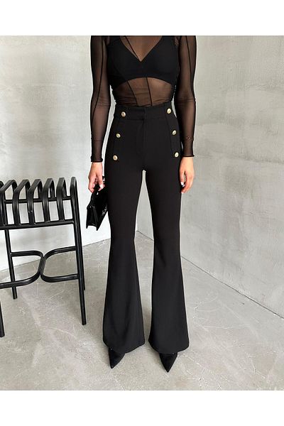 ŞULE BUTİK Spanish Leg High Waist Button Detail (Gold) Crepe Fabric Black Trousers