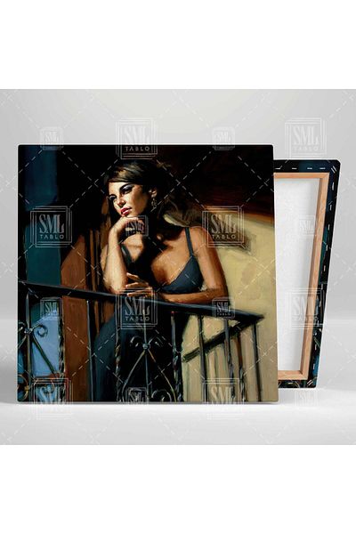 SML TABLO Model elegant într-o rochie în picioare pe balcon, pictură pătrată pe pânză cu efect de vopsea în ulei