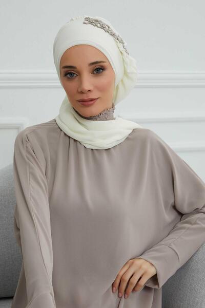 Aisha's Design Έτοιμο τουρμπάνι από σιφόν με πέτρινα αξεσουάρ, HT-100, HT-100, κρέμα