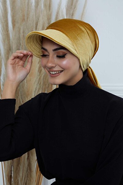 Aisha's Design Βελούδινο καπέλο μπαντάνα με προσωπίδα, B-71K, μουστάρδα