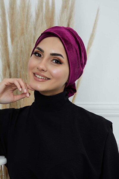 Aisha's Design Velvet Bonnet with Belt, B-31K, Purple
