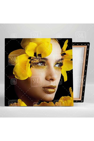 SML TABLO Model de machiaj cu sclipici galbene, cu detalii florale, pictură pătrată pe pânză